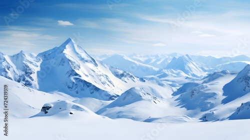 Winter mountain panorama with snow and blue sky, 3d illustration © Iman