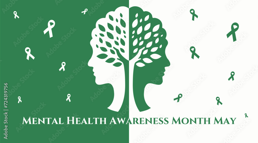 Obraz premium Poster for Mental Health Awareness Month with human heads and ribbons