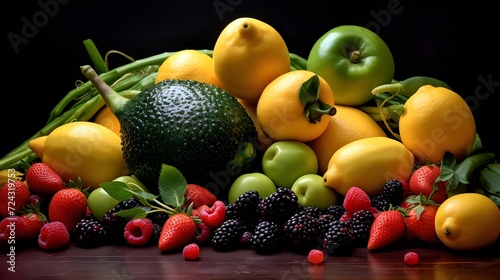 Fruits and vegetables on a black background. Fresh fruits and vegetables.