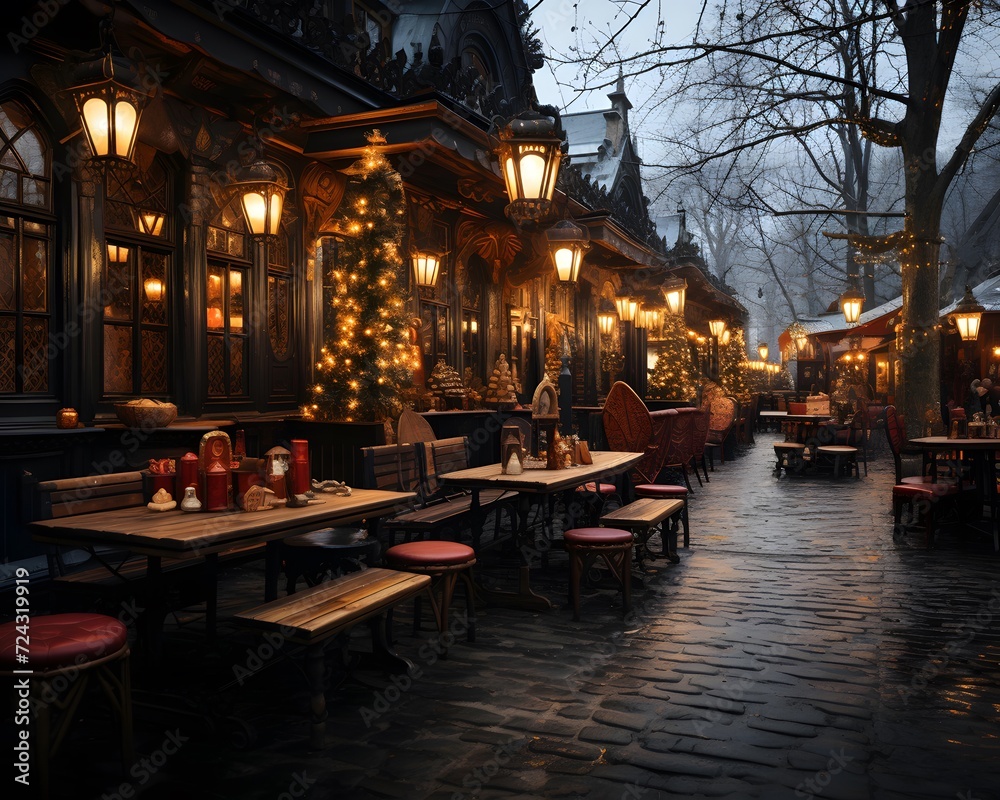 Cafe in the old town of Prague, Czech Republic. Night view.