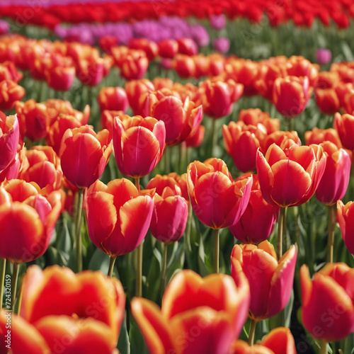 Colorful tulip garden. White  pink and red tulips bloom in the sun.  red tulips  blooming flowers  spring  floral  nature  garden  botanical  