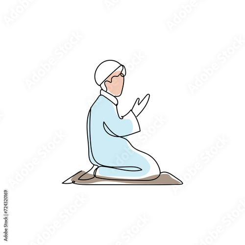 Drawn praying Muslim man on white background