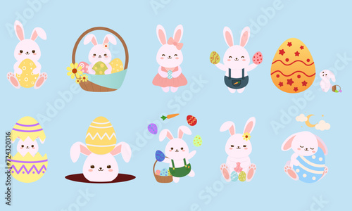 Set of cute bunnies with Easter eggs on light blue background