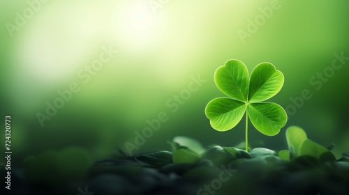 A lone clover leaf stands out in a vibrant green field, illuminated by a soft sunlight glow.