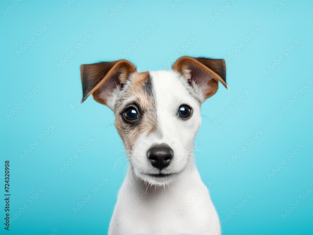 Cute small dog with brown patches sitting against a bright blue backdrop, looking directly at the camera. Cute small dog with brown patches sitting against a bright blue backdrop, looking directly at the camera.
