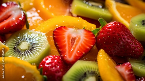 A close-up shot of fresh, juicy assorted fruits with water droplets, highlighting textures and vibrant colors.