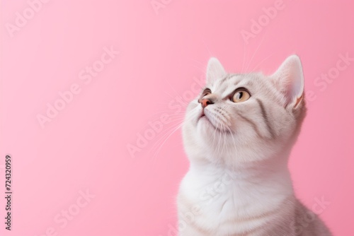 Elegant white cat with striking eyes looking upwards on a soft pink backdrop.