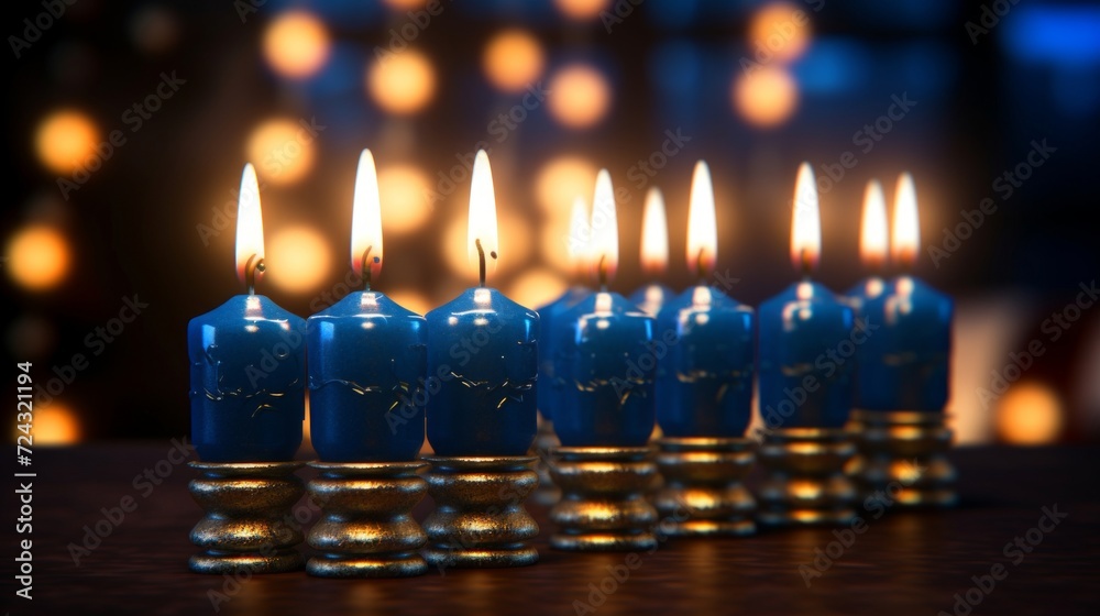 Lit blue Hanukkah candles in a row with a warm, blurred background of lights celebrating the Jewish holiday.