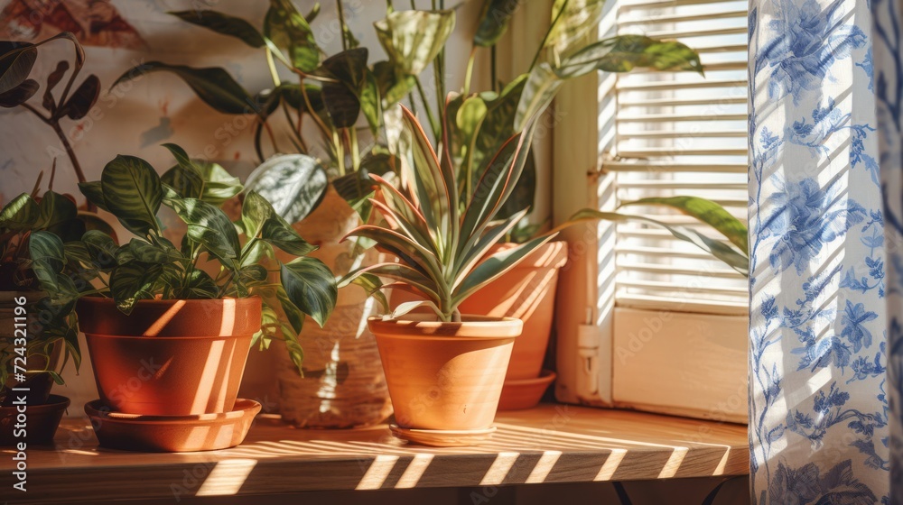 A serene setting of various indoor plants in terracotta pots basking in the warm sunlight near a window. A serene setting of various indoor plants in terracotta pots basking in the warm sunlight near a window.