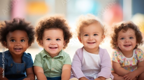Group of joyful diverse toddlers sitting together with bright smiles in a colorful room.