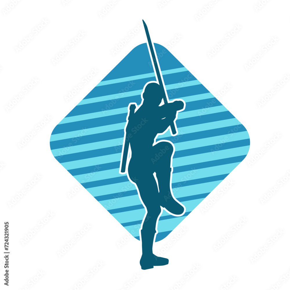 Silhouette of a male warrior in action pose with sword weapon. Silhouette of a man fighter carrying sword weapon. Silhouette of a male warrior in action pose with sword weapon. Silhouette of a man fighter carrying sword weapon.