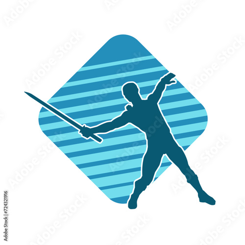Silhouette of a male warrior in action pose with sword weapon. Silhouette of a man fighter carrying sword weapon.