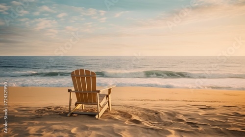 Image of a chair positioned on the sandy shore. photo