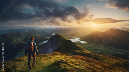 Backpacker man hiking in mountain with beautiful view landscape