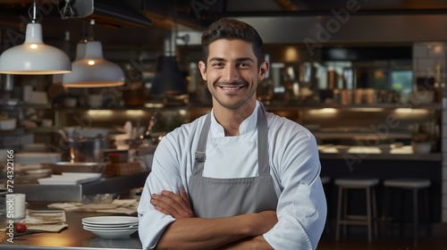 A male chef with a warm smile, standing confidently in a restaurant kitchen, ready to serve delicious meals.