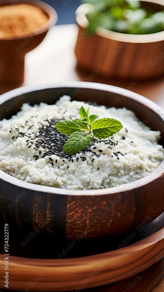 A bowl of rice and coconut milk in the style of indian cusine A bowl of rice and coconut milk in the style of indian cusine