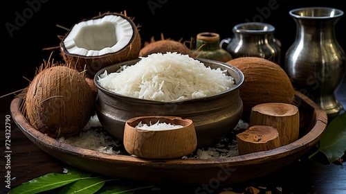 A bowl of rice and coconut milk in the style of indian cusine