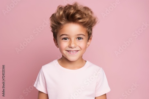 Portrait of a cute little girl with blond hair on a pink background