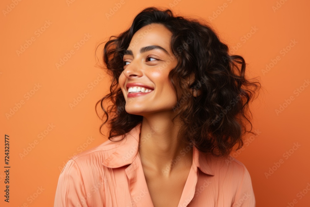 Portrait of a beautiful smiling young woman with curly hair over orange background Portrait of a beautiful smiling young woman with curly hair over orange background