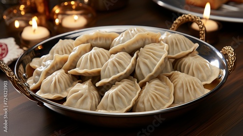 A dish with dumplings on a plate in the style of chinese