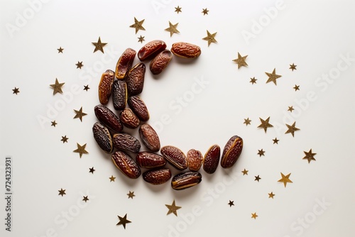 Dates arranged in the shape of a crescent moon with star decorations, for an Eid Mubarak concept photo