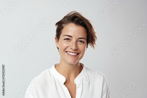 Portrait of happy young woman looking at camera with toothy smile