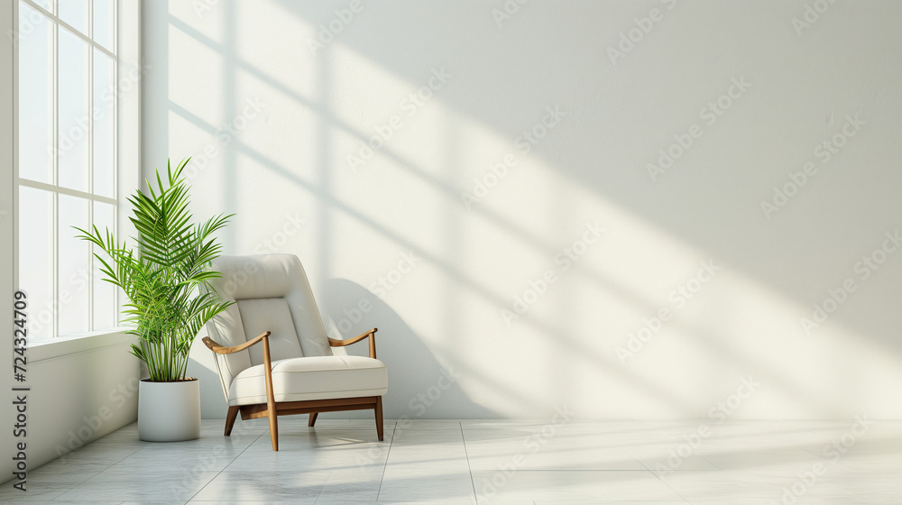 Fototapeta premium interior of a room with a chair,Modern minimalist interior with an armchair on empty white color wall background