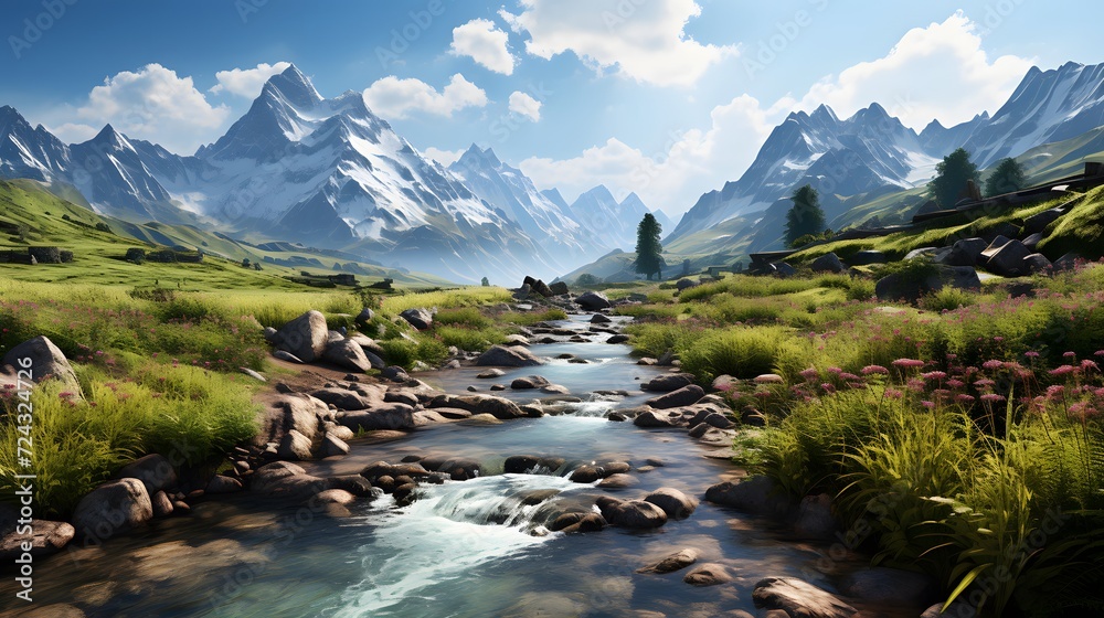 Panoramic view of a mountain river flowing through a valley.