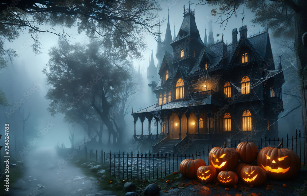 Halloween dark spooky house with pumpkin on a cemetery