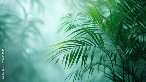 palm tree leaves,blurry palm leaves against grey background light emerald green © Chirapriya