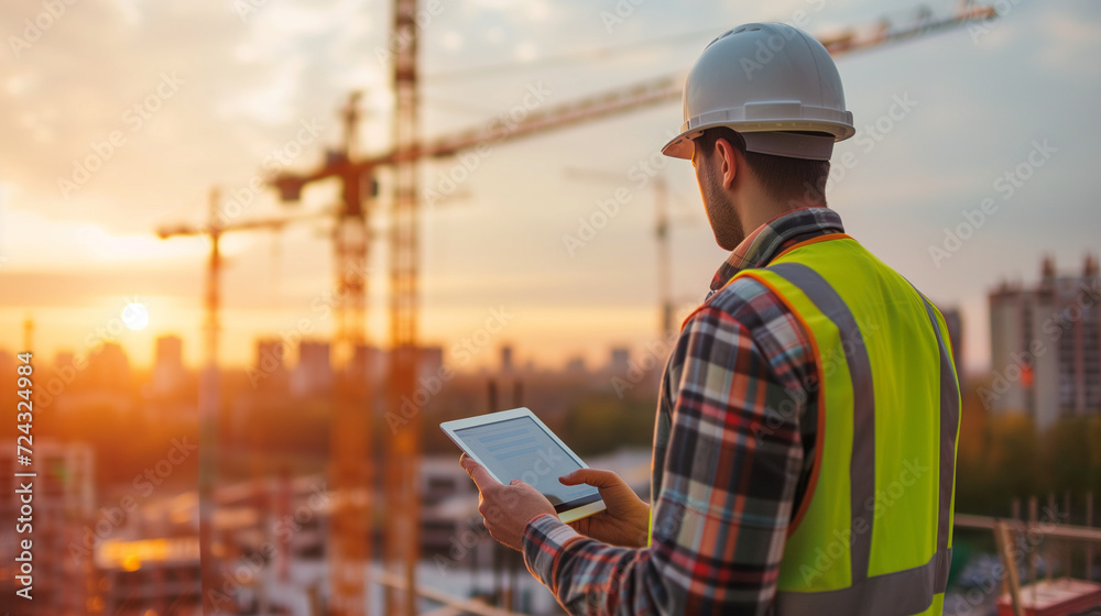 construction worker man with helmet and yellow with cranes, using his tablet