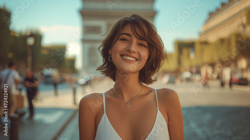 portrait of a woman,attractive young European woman with short hair ,naturally smiling face wearing a fitted casual white color short slip dress and high heels at Arc de Triomphe Paris