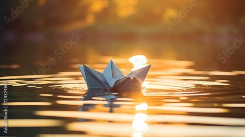 Image of a paper boat of origami floating on water.