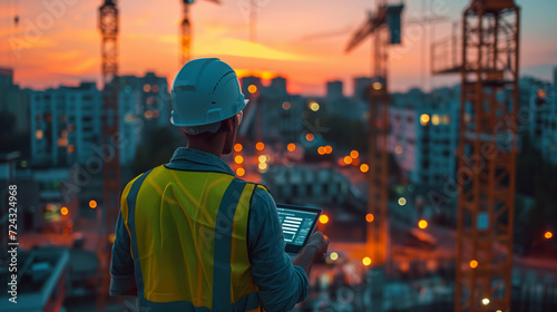 construction workers at sunset,man with helmet and yellow with cranes, using his tablet