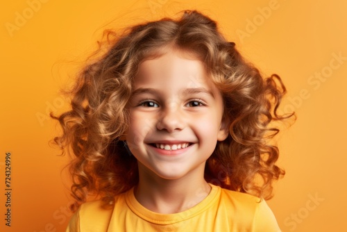 Portrait of a cute little girl with curly hair over yellow background © Iigo