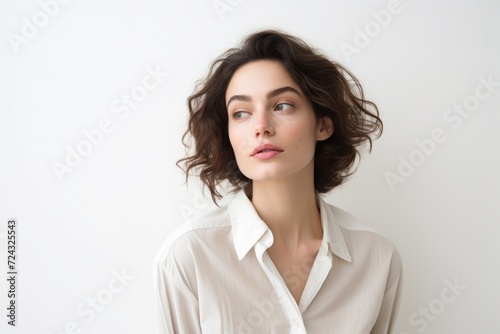 Portrait of a beautiful young brunette woman in a white shirt