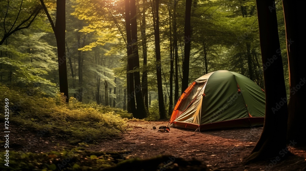 Image of a tent in a green forest.