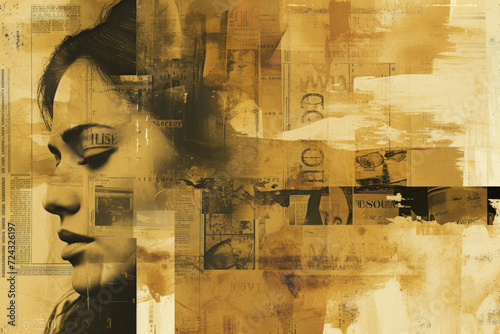 Art Collage concept: abstract composition of unreadable newspaper text and beautiful woman faces, with sepia yellow tone pattern... photo