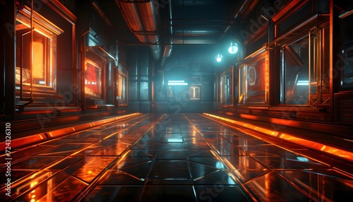 Futuristic sci-fi corridor with glowing lights. 3d rendering
