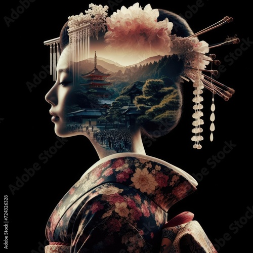 Japanese kimono beauty with Kyoto landscape with Generative AI.