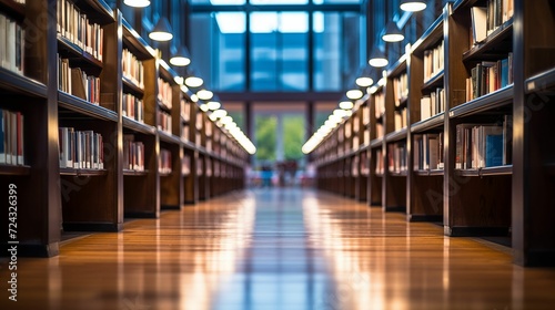 Image of an abstract, blurred empty college library interior space.