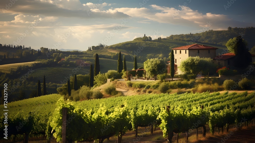 panoramic view of Tuscany landscape with vineyard in Italy