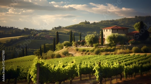 panoramic view of Tuscany landscape with vineyard in Italy