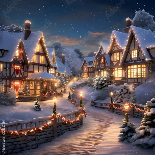 Christmas village in the snow at night, 3d rendering. Computer digital drawing.