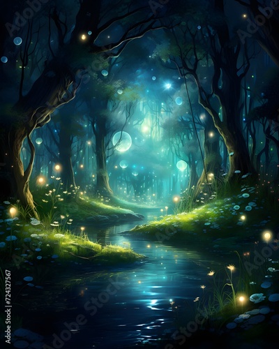 Fantasy forest at night with moonlight and fog, illustration.