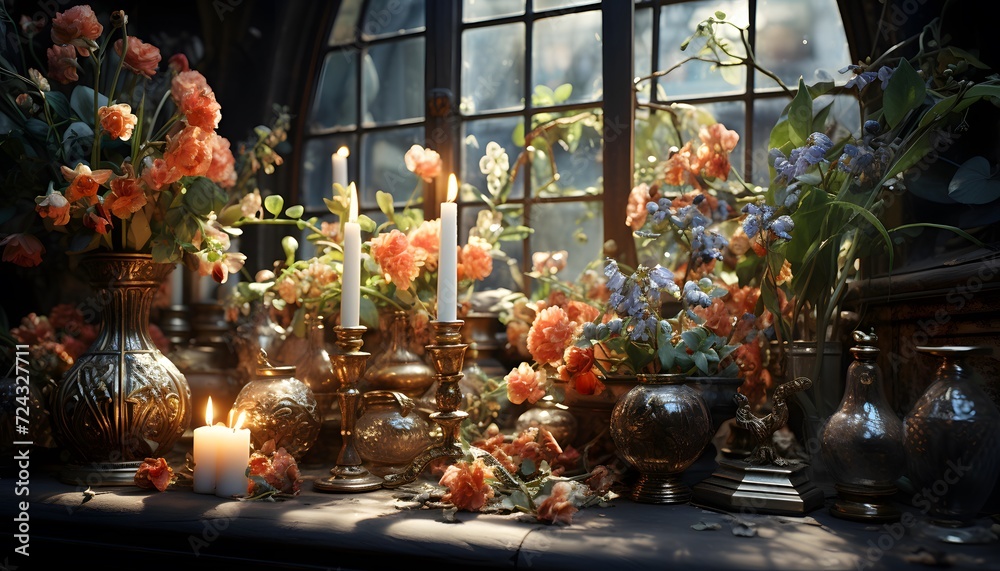 Flowers in a vase on the windowsill with candles.
