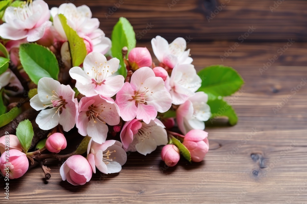 Pink flowers bloom beautifully on a wooden background, capturing the essence of spring and nature's delicate charm in a serene and rustic setting