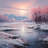 Winter landscape with the frozen river and mountains in the background at sunset