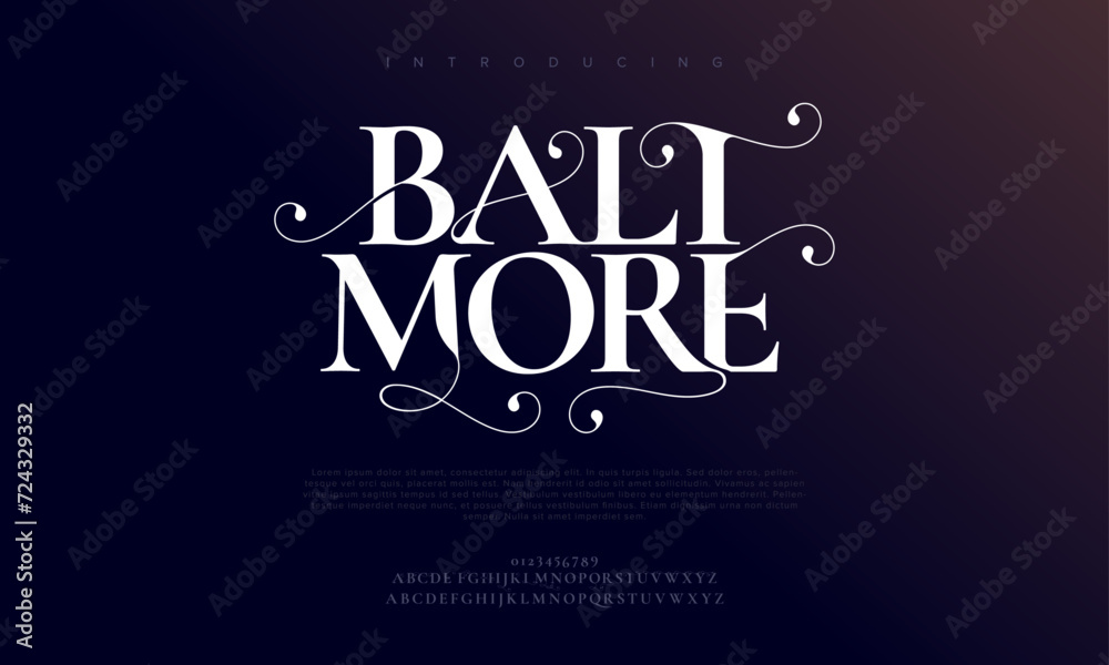 Baltmore premium luxury elegant alphabet letters and numbers. Elegant wedding typography classic serif font decorative vintage retro. Creative vector illustration Baltmore premium luxury elegant alphabet letters and numbers. Elegant wedding typography classic serif font decorative vintage retro. Creative vector illustration