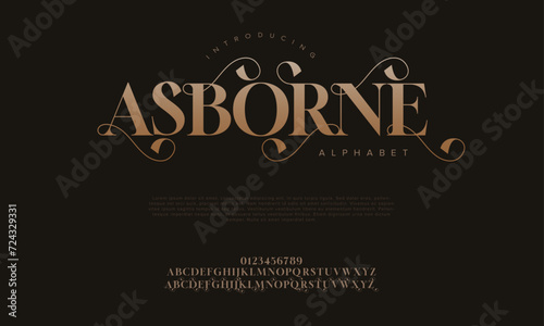 Asborne premium luxury elegant alphabet letters and numbers. Elegant wedding typography classic serif font decorative vintage retro. Creative vector illustration